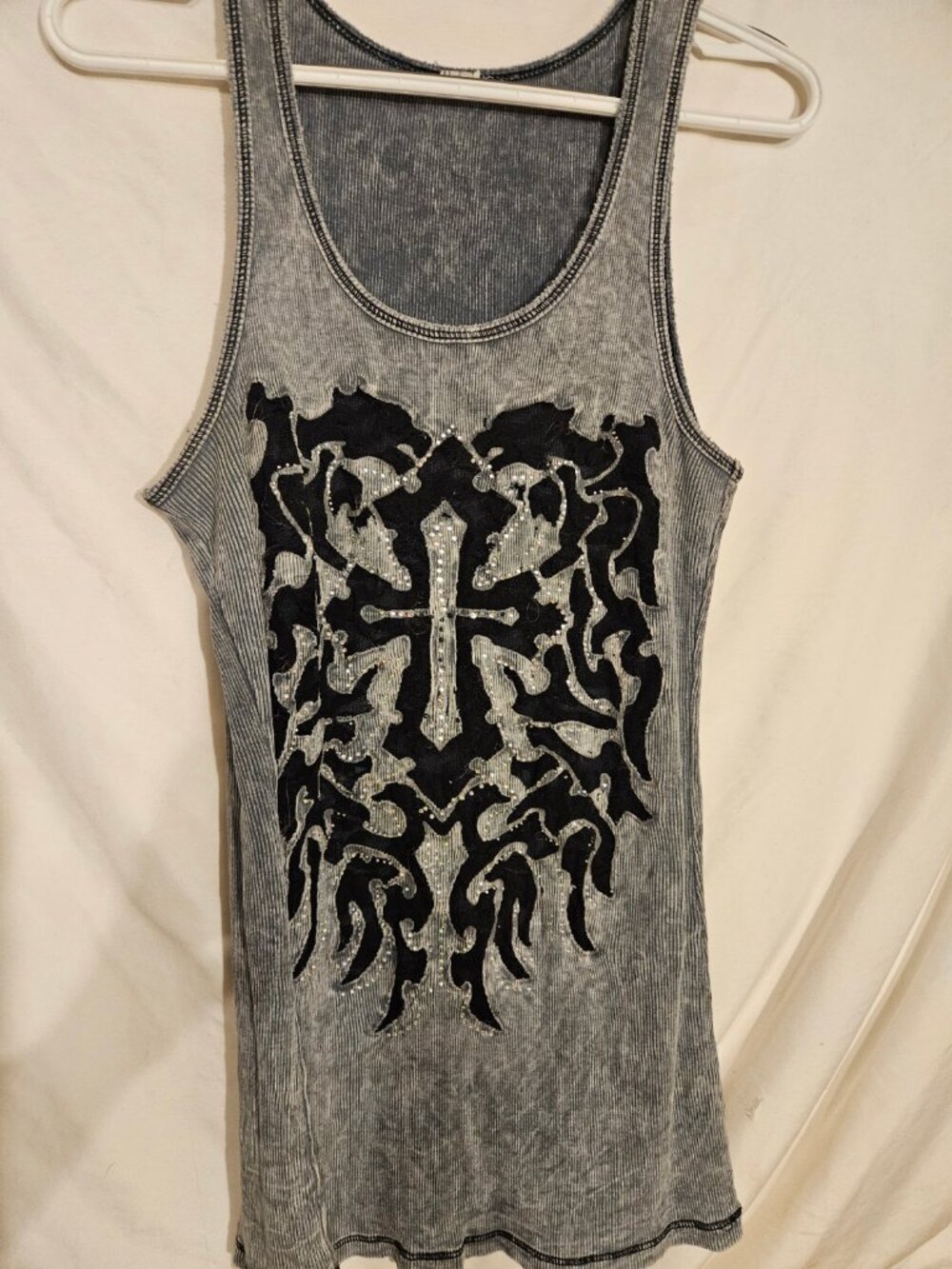 Embellished Gray Tank Top with Black Applique Design